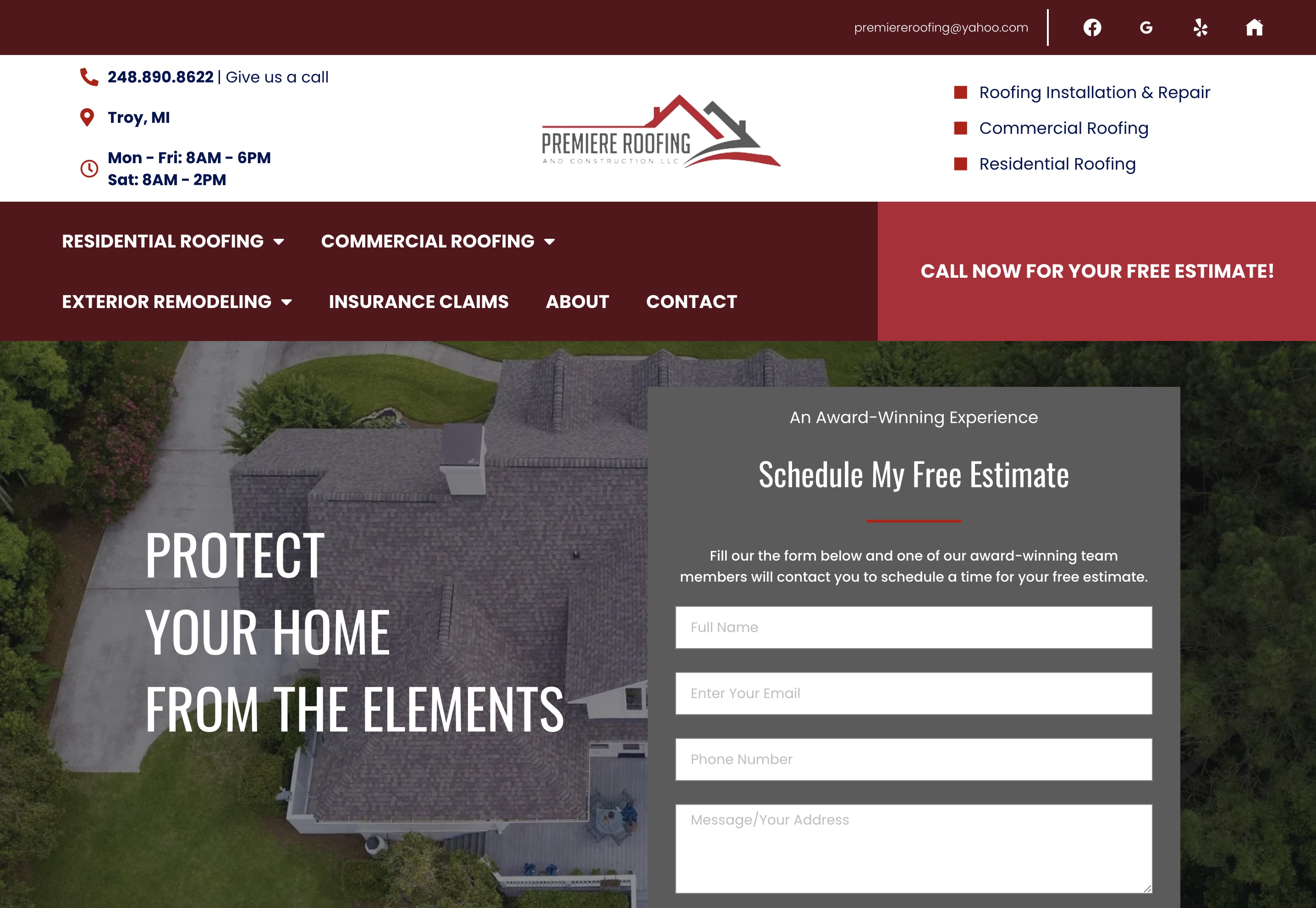 image of Premiere Roofing website